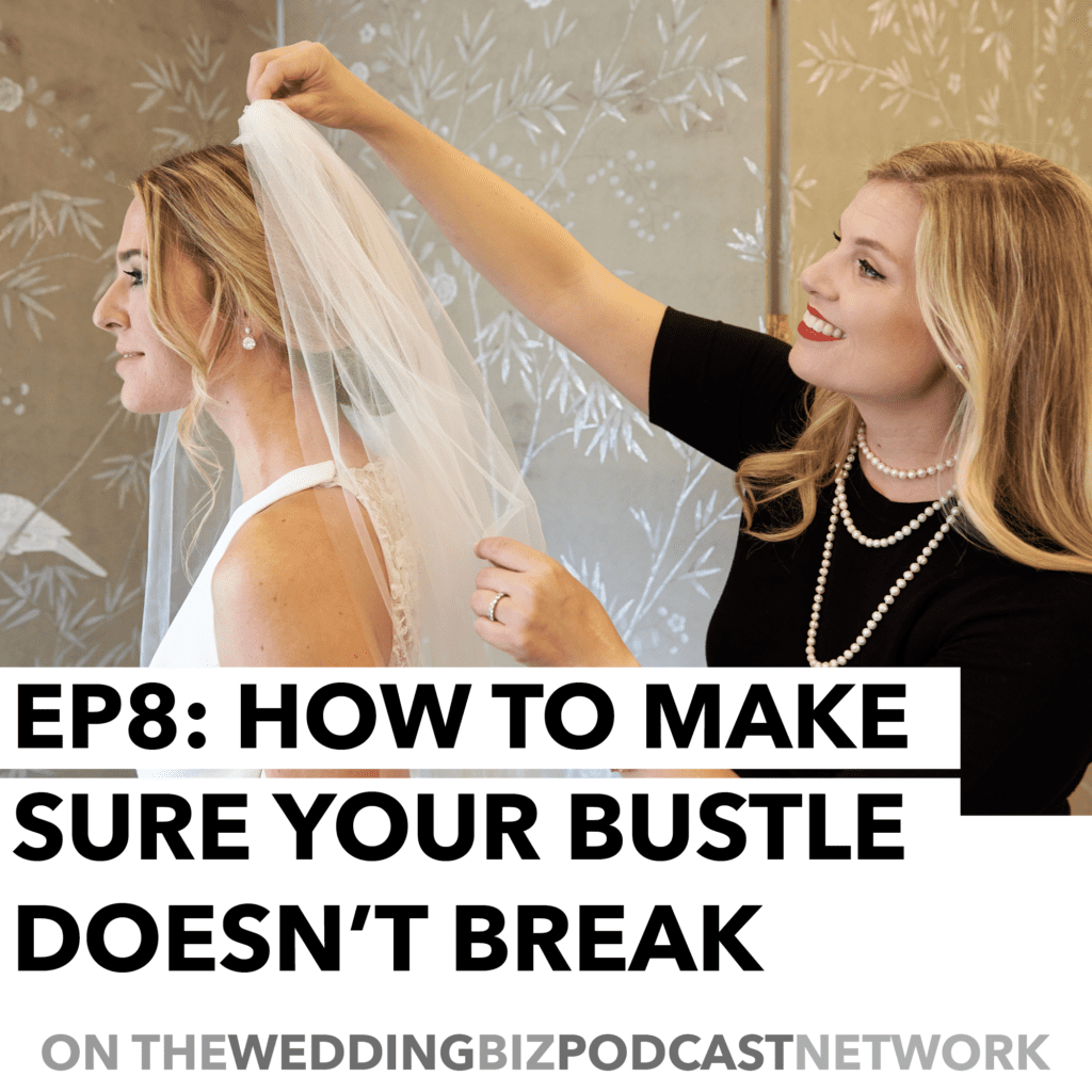 On today’s show, Julie talks with Giselle Ghofrani about your wedding dress bustle. Most designers do not design the wedding dress to be bustled. The designers do not think about the dancing sitting, or jumping around – they only care about walking down the aisle and that you will look amazing.