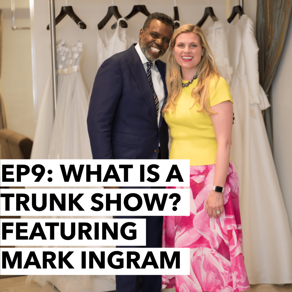 On today’s show, Julie talks with Mark Ingram of Mark Ingram Atelier. Mark has one of the best eyes in the industry for selecting dresses. The topic of today’s show is trunk shows. They can be critical in finding your dress, and some brides don’t even know what they are.